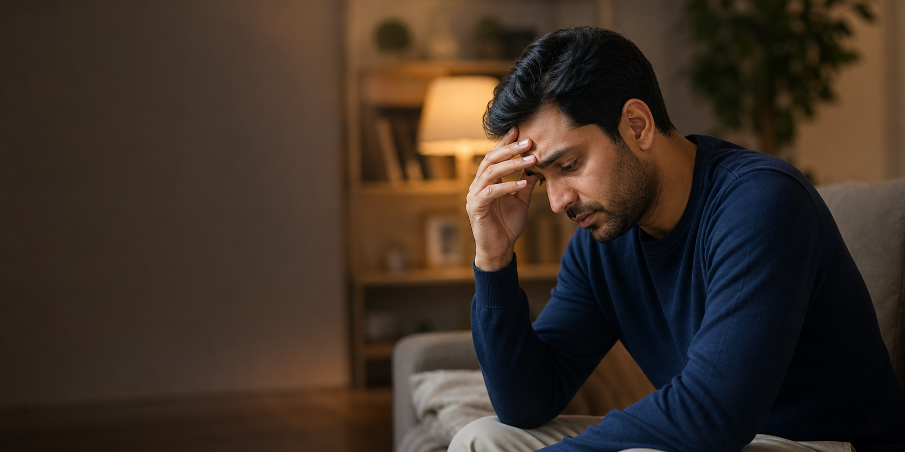 Adult man feeling stressed in a quiet indoor space