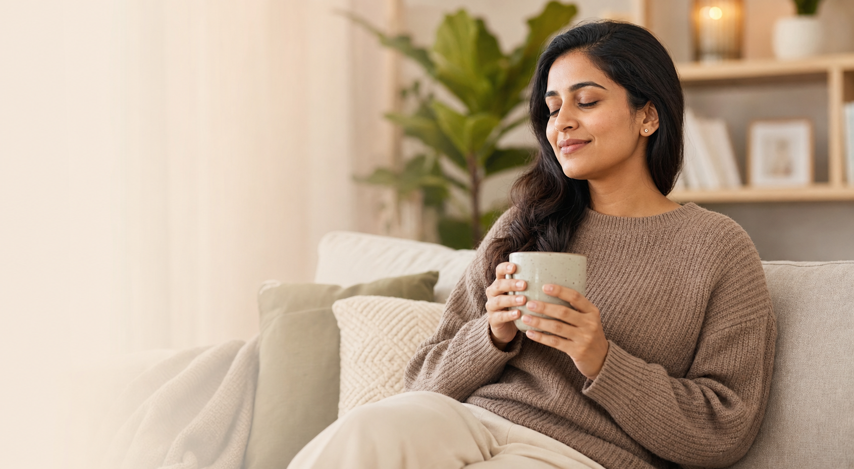 Woman enjoying a calm moment at home with a warm drink