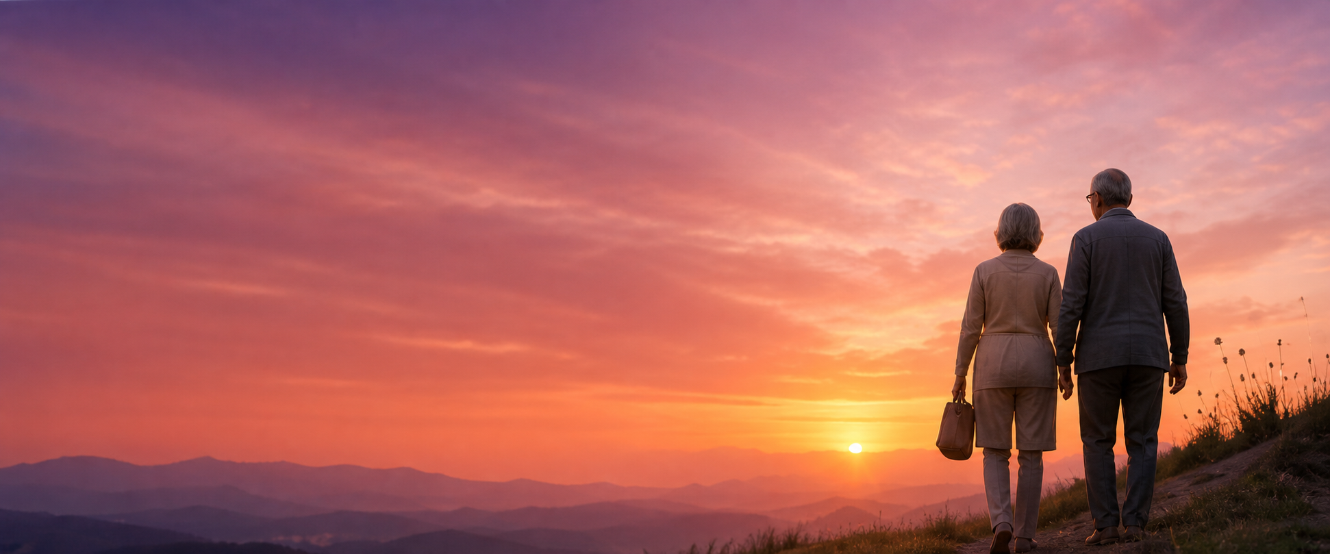 Senior couple walking together at sunset