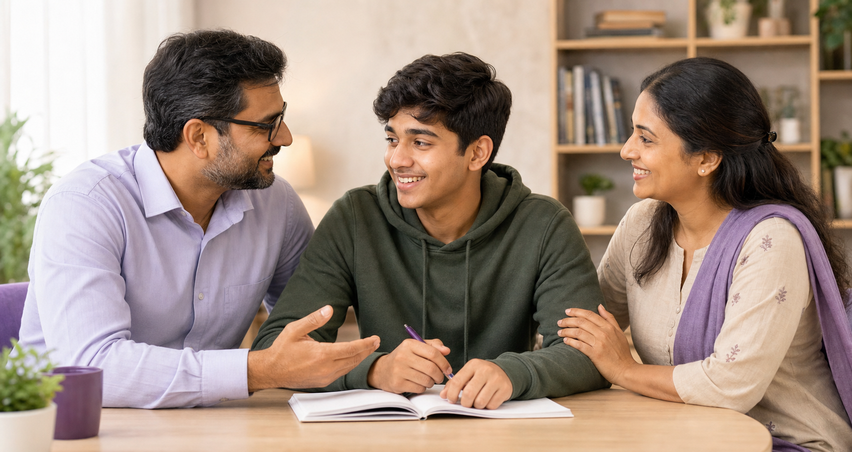 Indian parents supporting their teenage son during a family conversation