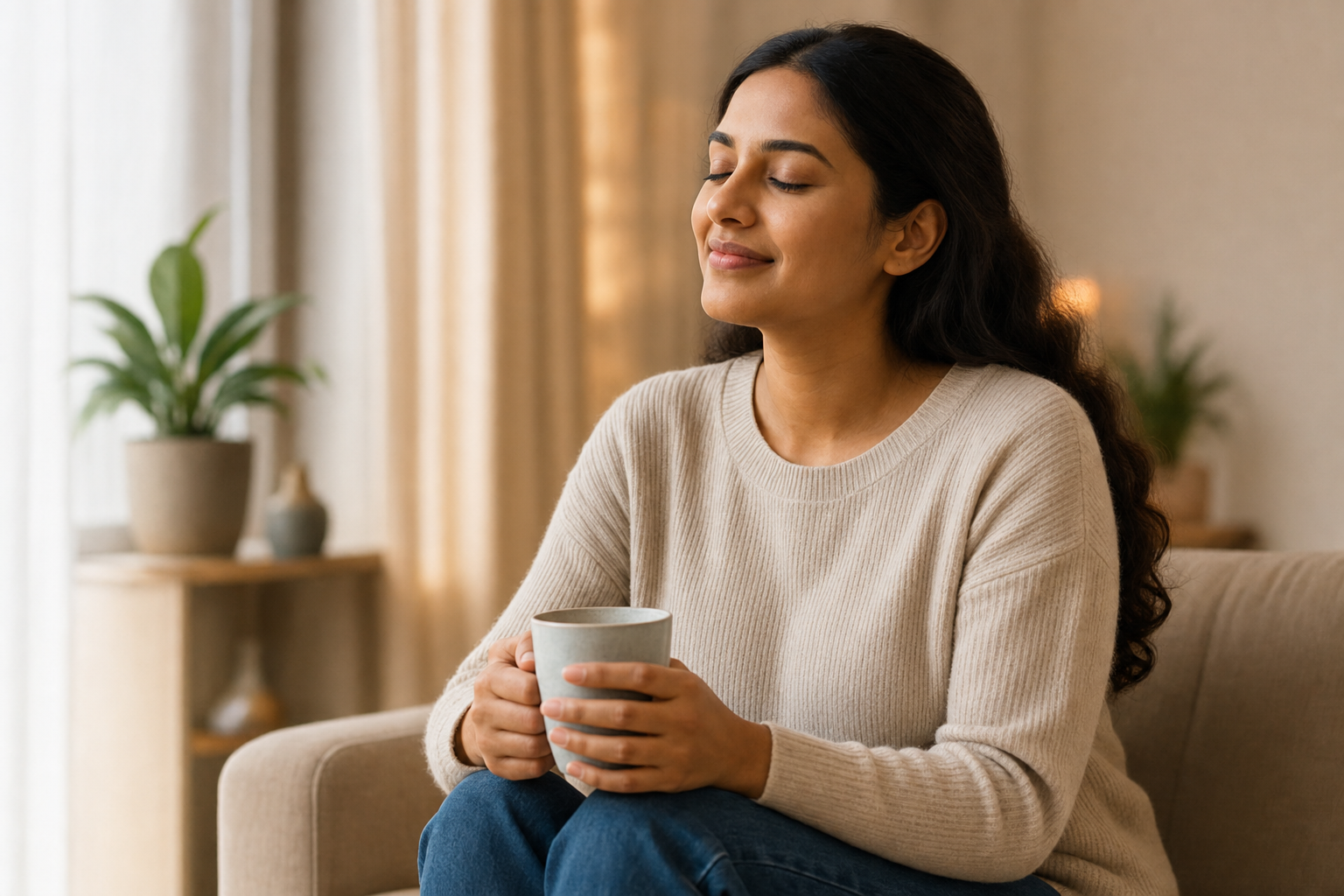 Woman relaxing peacefully with a warm drink