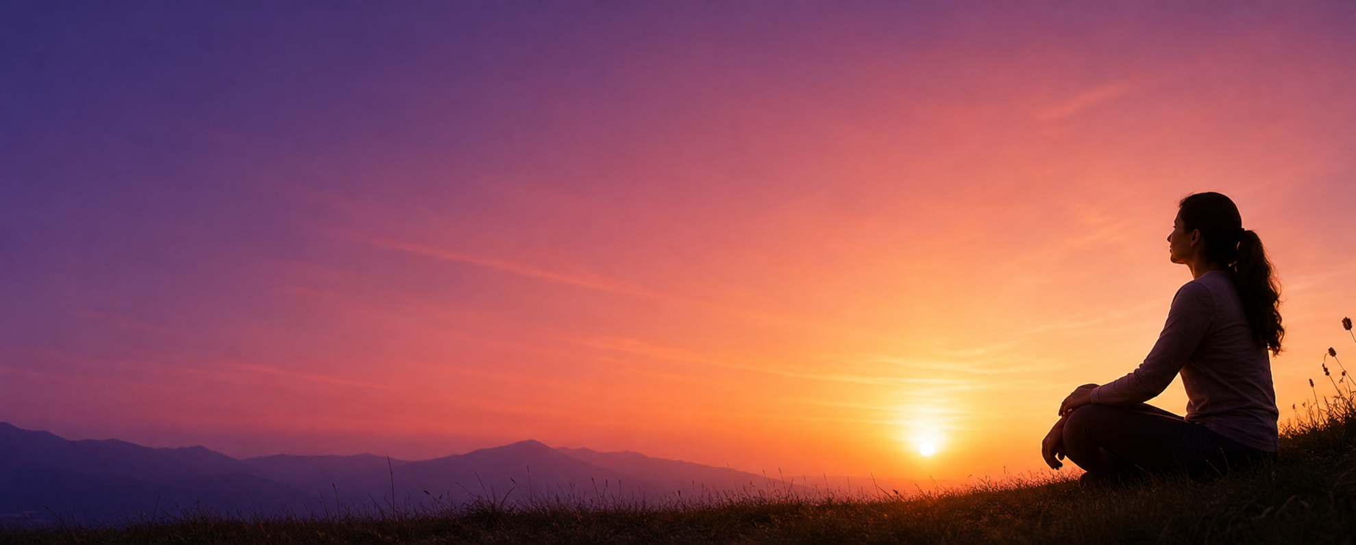 Person sitting peacefully at sunset